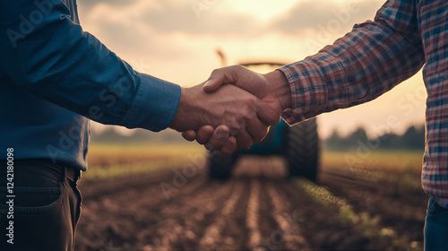 Agribusiness handshake deal agreement with tractor and agricultural farmland plantation partnership investment contract, collaboration, negotiation in agro business market, handshake farmers
