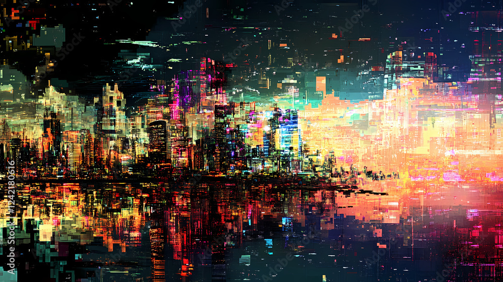 Naklejka premium Glitch art effects on a futuristic cityscape, cyberpunk, neon lights, digital manipulation, distorted reality. Distorted Reality Effects. Illustration