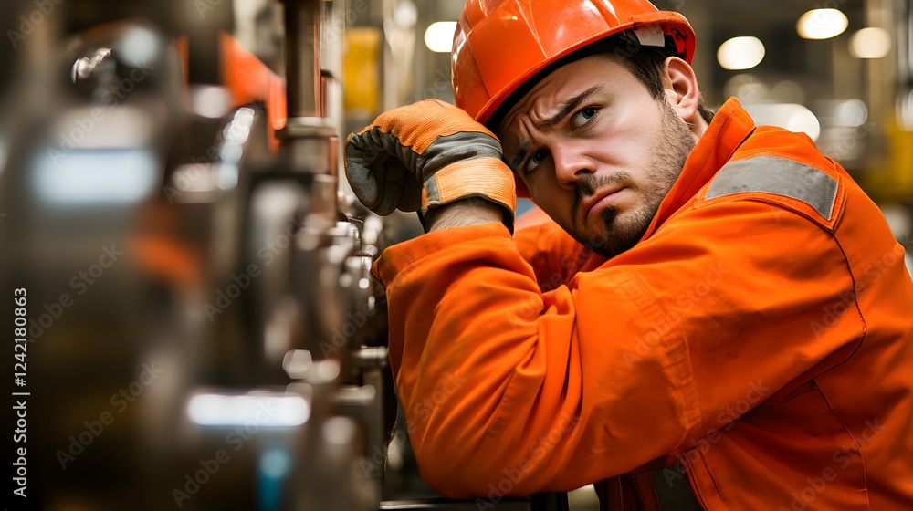 Factory Worker in Bright Orange Safety Uniform Operating Machinery in Plant Factory Worker in Bright Orange Safety Uniform Operating Machinery in Plant