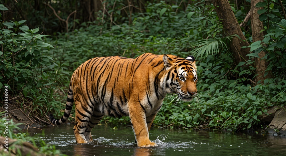 Majestic Tiger Walking Through Lush Green Forest Stream Majestic Tiger Walking Through Lush Green Forest Stream