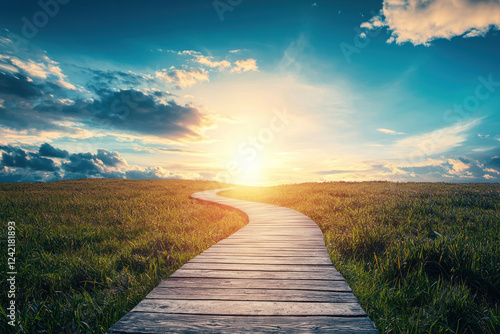 A winding pathway leads to bright horizon, symbolizing future growth and opportunities