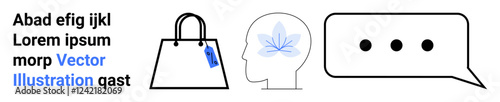Handbag with price tag, head with creative flower icon, speech bubble. Ideal for retail, mindfulness, communication, creativity, online shopping, consumerism branding flat landing page banner