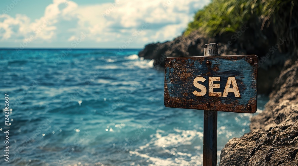 Rustic Wooden Sign with Bold White Lettering Stands Beside the Shoreline, Indicating the Clear Blue Sea Under a Bright Sky and Fluffy Clouds Rustic Wooden Sign with Bold White Lettering Stands Beside the Shoreline, Indicating the Clear Blue Sea Under a Bright Sky and Fluffy Clouds