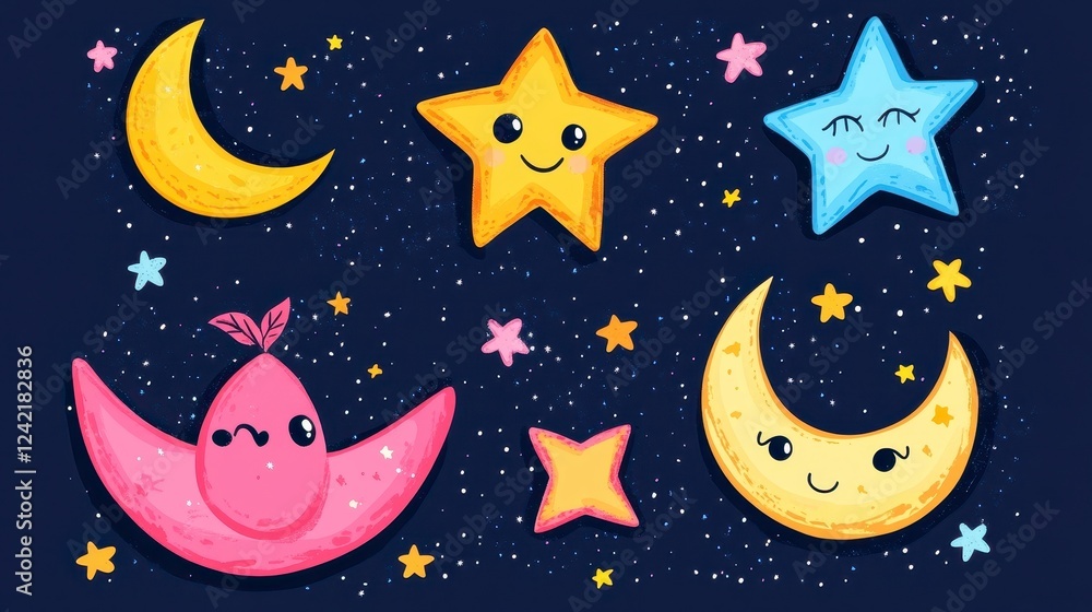 Naklejka premium Cute Cartoon Stars and Moon Characters on Dark Sky Background