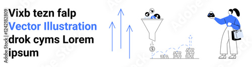 Funnel filtering various elements with money output, upward arrows, woman observing data. Ideal for marketing, business, data analysis, digital strategy, growth, sales process flat landing page