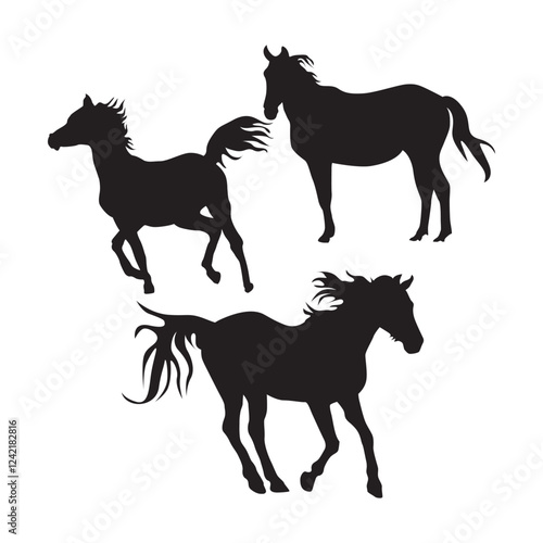 Collection of vector illustrations of various poses of horse silhouettes, long-tailed horses, racing horses