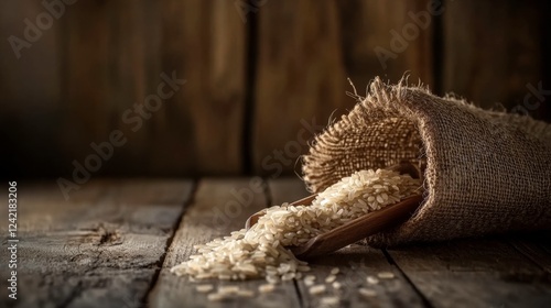 Organic White Rice Spilling from Jute Sack on Rustic Wooden Table