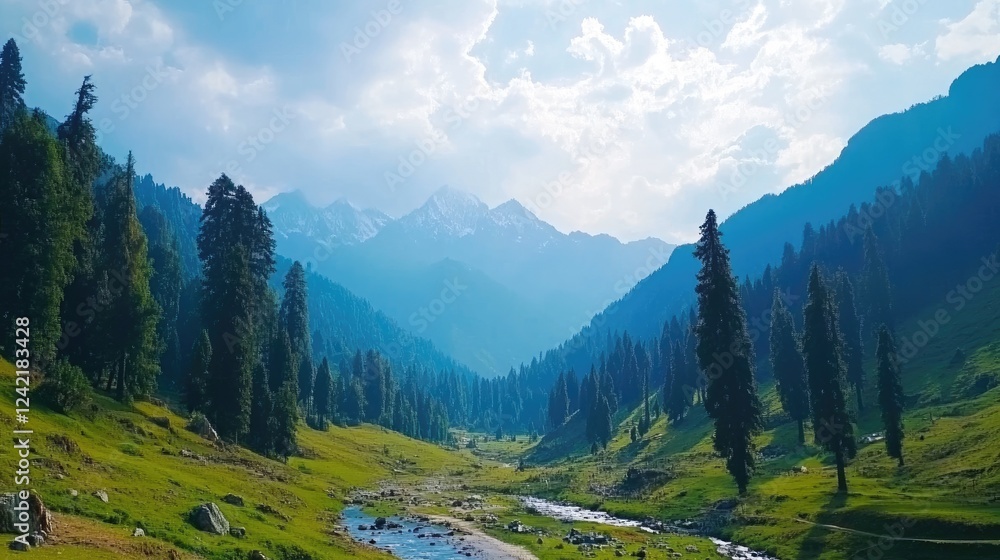 Fototapeta premium Majestic Mountains and Lush Green Valley with a Winding River Stream