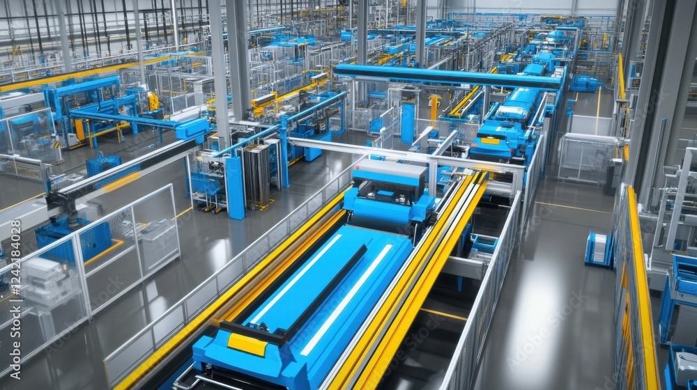 A bird's-eye view of a large industrial production plant with multiple work zones. A bird's-eye view of a large industrial production plant with multiple work zones.