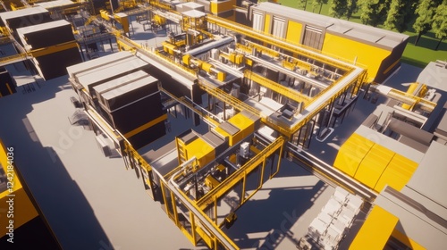 A bird's-eye view of a large industrial production plant with multiple work zones.