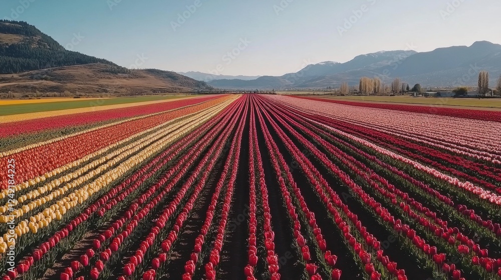 A breathtaking view of a tulip farm with endless rows of red, pink, and yellow flowers. A breathtaking view of a tulip farm with endless rows of red, pink, and yellow flowers.