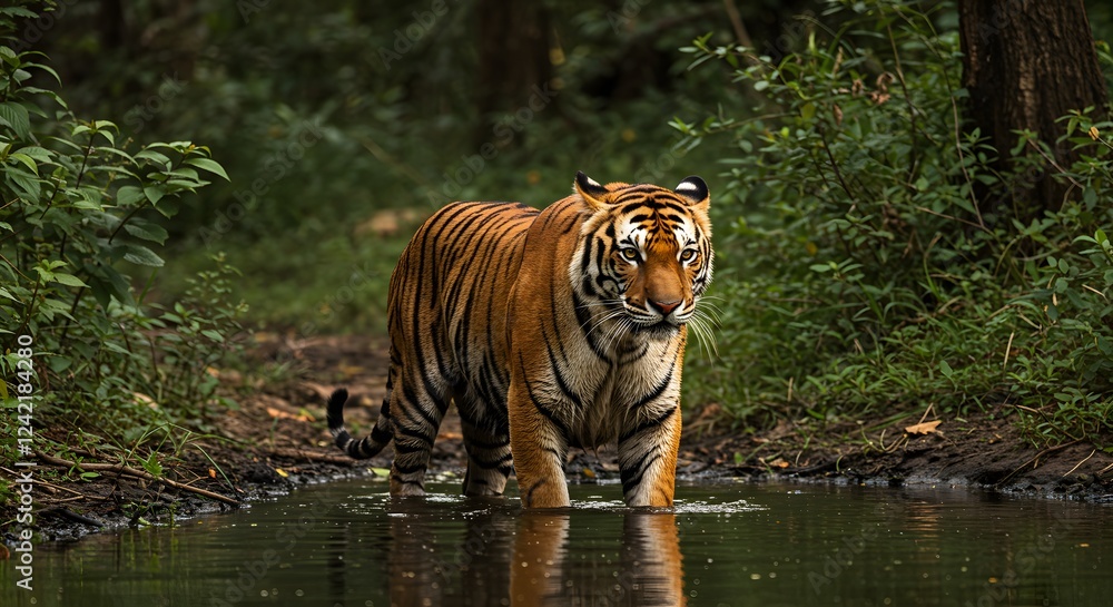 Majestic Tiger Walking Through Forest Water Majestic Tiger Walking Through Forest Water