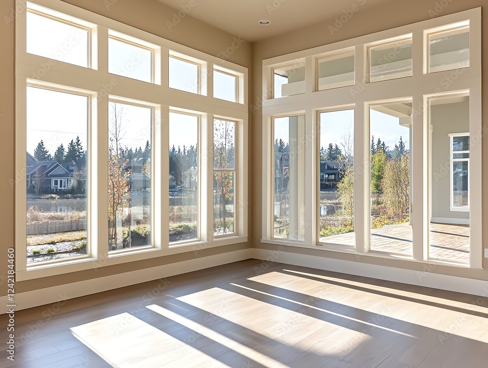 Fototapeta premium Bright and airy interior with large windows and natural light illuminating the space.