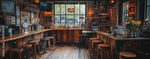 Wallpaper Mural An inviting rustic bar interior with wooden stools and a cozy ambiance, featuring large windows with a view of the street outside, rustic decor, and a welcoming atmosphere. Torontodigital.ca