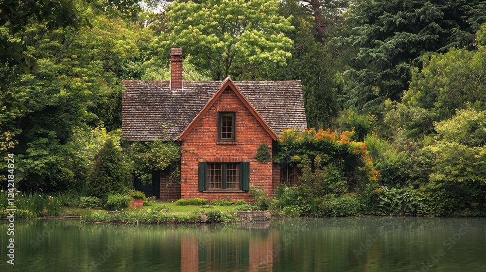 Obraz premium Red brick cottage by tranquil lake in lush garden.