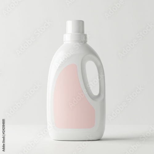 White laundry detergent bottle, pink label, clean background, product packaging, website use photo