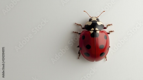 A ladybug, a small beetle with a red shell and black spots, rests on a white surface. photo