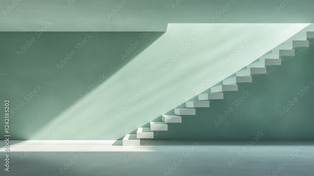 Obraz premium A minimalist interior featuring a staircase casting shadows, illuminated by natural light against a soft green wall.