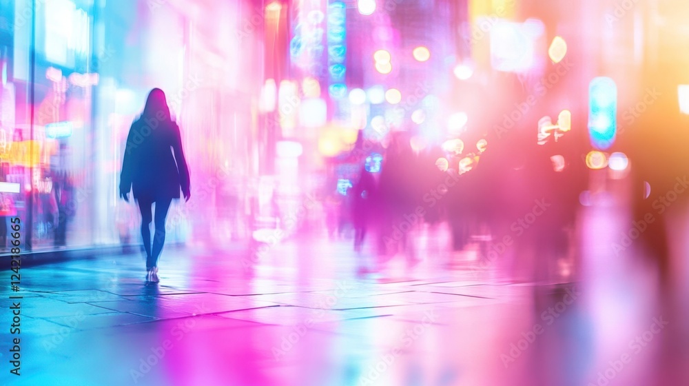 Fototapeta premium Vibrant neon-lit city street at night with silhouettes and artistic blur