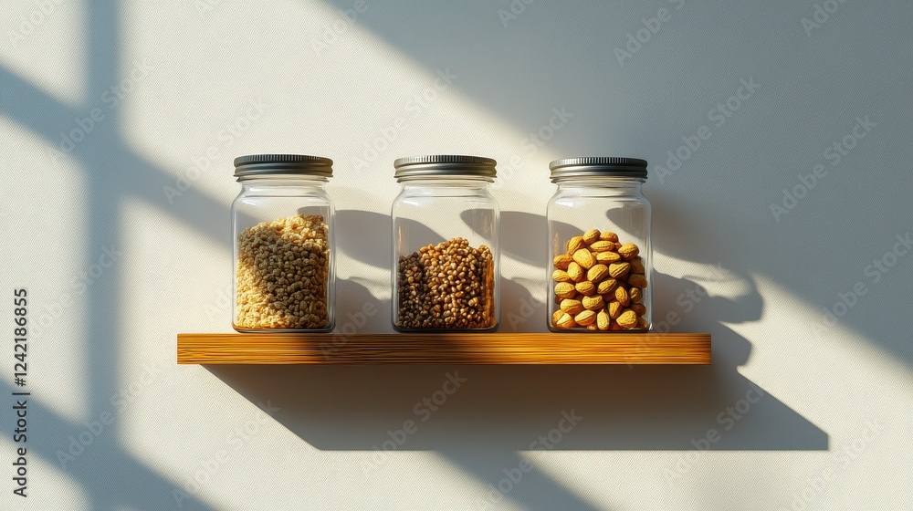 Glass jars with grains and nuts arranged on wooden shelf Glass jars with grains and nuts arranged on wooden shelf