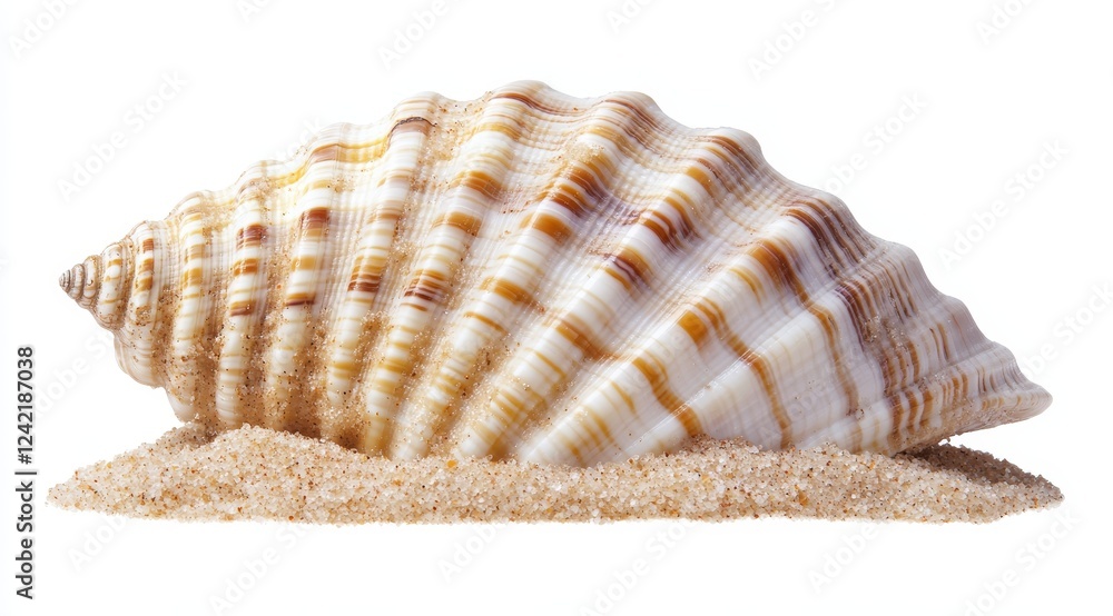 Single seashell on sand, isolated on white background. Single seashell on sand, isolated on white background.
