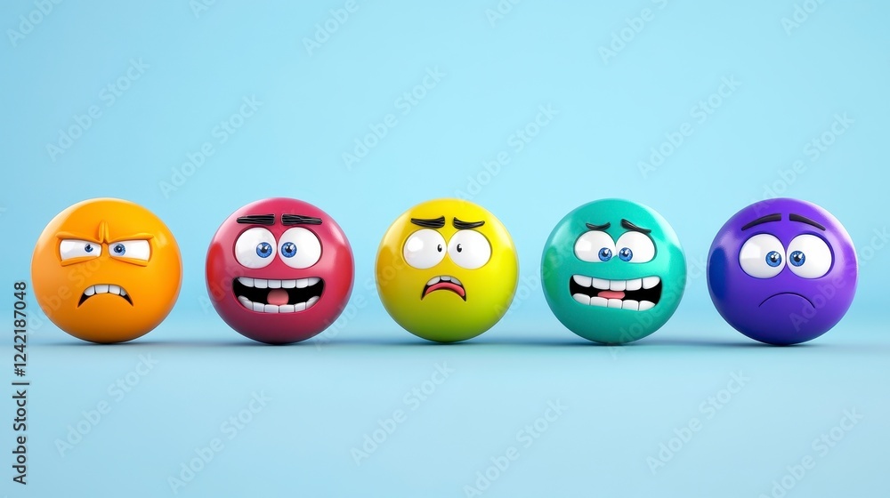Colorful Cartoon Emojis Expressing Various Emotions on Blue Background Colorful Cartoon Emojis Expressing Various Emotions on Blue Background