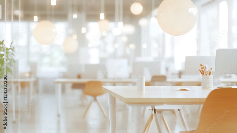Soft-focus modern office space blending comfort and functionality in a serene environment with warm lighting Soft-focus modern office space blending comfort and functionality in a serene environment with warm lighting