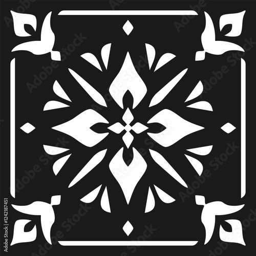 Black and white classic tile pattern with elegant flourishes and ornamental details. Perfect for interior decor, textiles or stickers. Timeless and versatile for various designs.