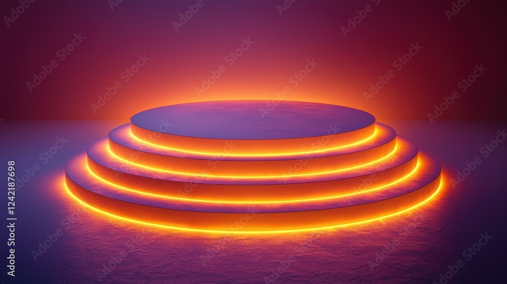 Fototapeta premium Illuminated tiered platform, neon glow, studio, product display