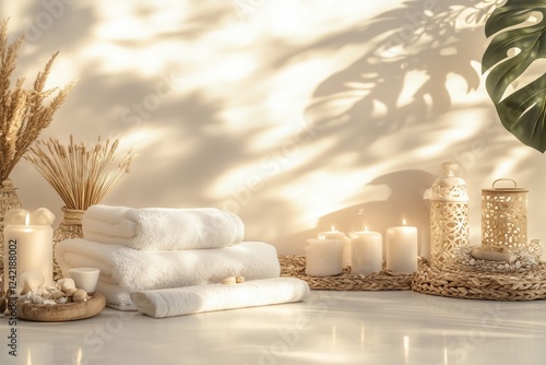 Conjunto de itens de spa com toalhas, velas e elementos decorativos em tons neutros, capturados com luz natural suave, criado com IA generativa.