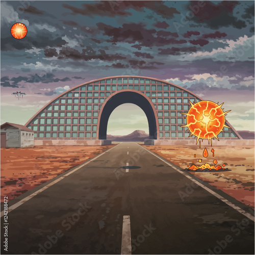 Vector illustration of two orange plasma orbs hovering in the desert at a military installation site