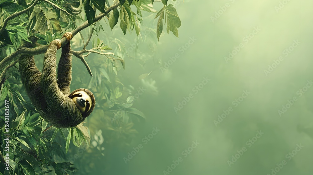 Wild Sloth Hanging from Branch in Rainforest with Lush Forest Setting Wild Sloth Hanging from Branch in Rainforest with Lush Forest Setting
