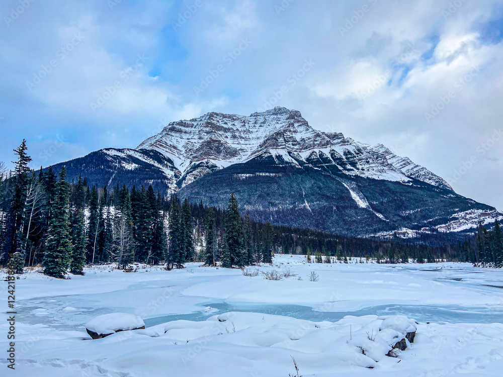 Fototapeta premium Winter in Jasper, Alberta, Canada – snow-covered mountains, frosty forests, and crisp blue skies. Sunlit trees, birds in flight, and ducks on icy waters capture the beauty of the season.