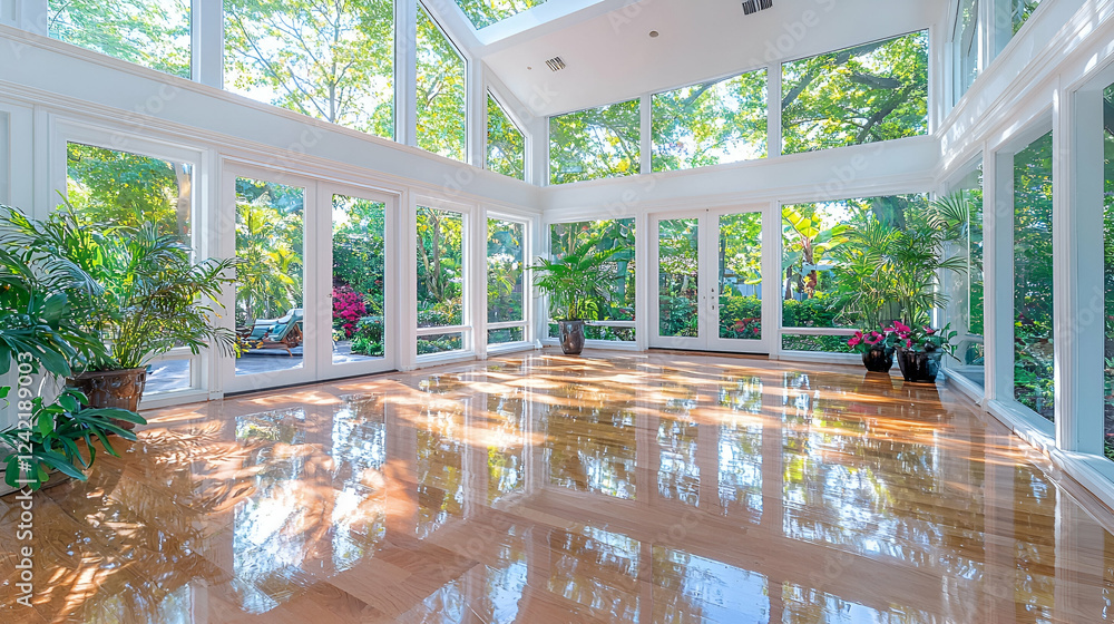 Fototapeta premium Bright sunroom interior with polished wooden floors reflecting natural light and green garden views.