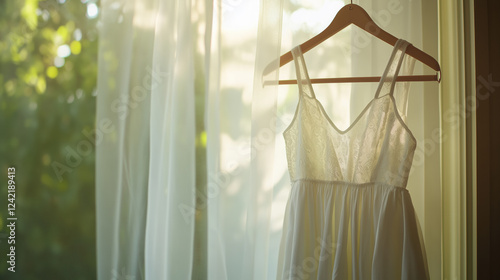 Elegant nightwear photo showcasing a white see-through dress hanging gracefully. Ideal for lingerie brands, fashion stores, and boutique promotions.