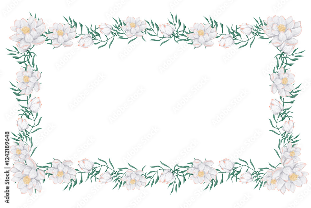 Obraz premium Watercolor Illustration Tropical Frame with White Flowers and Delicate Elegant Foliage for Print, Textile and Web Design
