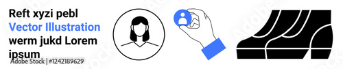 Female profile avatar in a circle, hand picking user icon, staircase representing career progress. Ideal for HR process, recruitment, career growth, personalization, user dashboard, strategy flat