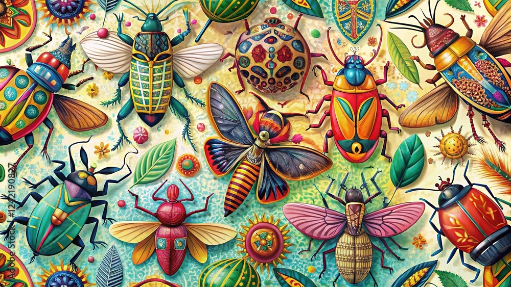Whimsical Insect Illustrations Adorn Vibrant Patterned Surfaces Whimsical Insect Illustrations Adorn Vibrant Patterned Surfaces