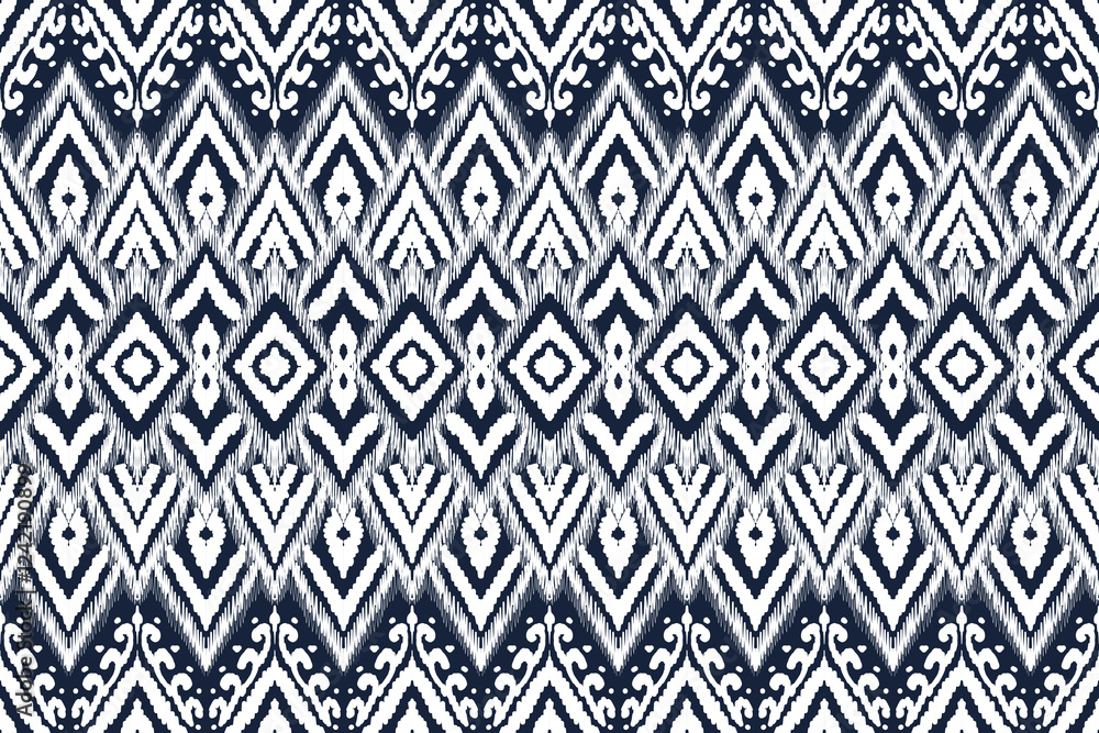 Ikat vector blue and white pattern, ethnic embroidery style, hand draw painting, fabric abstract. Ikat vector blue and white pattern, ethnic embroidery style, hand draw painting, fabric abstract.