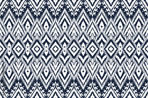 Ikat vector blue and white pattern, ethnic embroidery style, hand draw painting, fabric abstract.