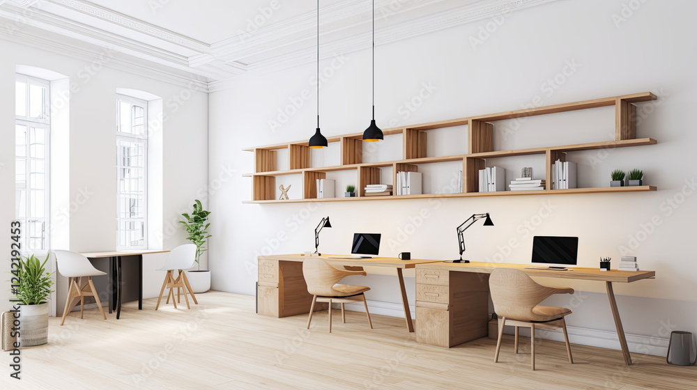 Fototapeta premium Modern Minimalist Office with Natural Wood Aesthetic and Scandinavian Design Created with Generative AI Technology