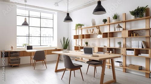 Modern Minimalist Office with Natural Wood Aesthetic and Scandinavian Design Created with Generative AI Technology