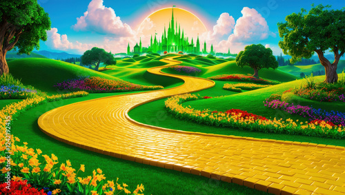Magical golden brick road background, leading through vibrant hills toward a stunning Emerald City. Great for creative projects and themed artwork. Wizard of Oz inspired.