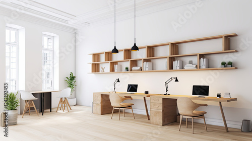 Modern Minimalist Office with Natural Wood Aesthetic and Scandinavian Design Created with Generative AI Technology