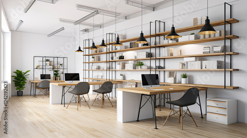 Modern Minimalist Office with Natural Wood Aesthetic and Scandinavian Design Created with Generative AI Technology