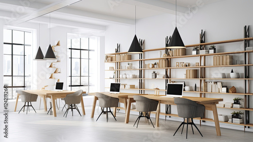 Modern Minimalist Office with Natural Wood Aesthetic and Scandinavian Design Created with Generative AI Technology
