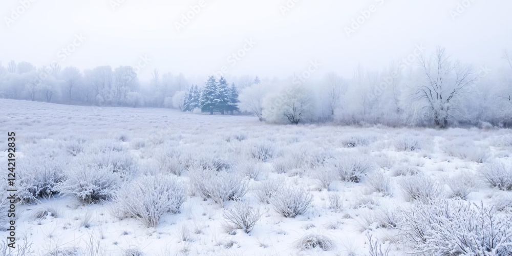 Frost-covered meadows, bushes, and trees in a stunning winter landscape, winter, scenic, frost Frost-covered meadows, bushes, and trees in a stunning winter landscape, winter, scenic, frost