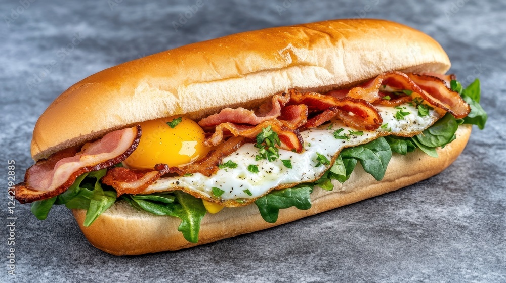 Delicious Breakfast Sandwich with Bacon, Egg, and Fresh Greens Delicious Breakfast Sandwich with Bacon, Egg, and Fresh Greens