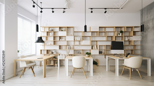 Modern Minimalist Office with Natural Wood Aesthetic and Scandinavian Design Created with Generative AI Technology