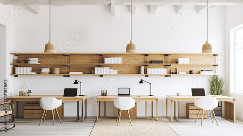 Modern Minimalist Office with Natural Wood Aesthetic and Scandinavian Design Created with Generative AI Technology